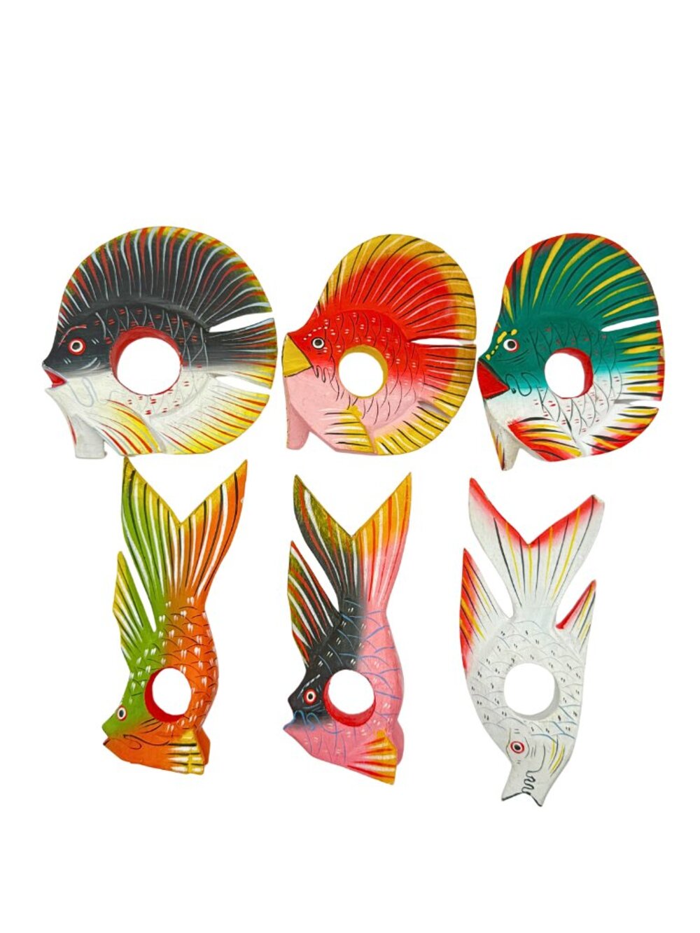 VTG Tropical Fish Napkin Rings Wooden Hand Carved & Painted Set Of 6 Circa 1980s